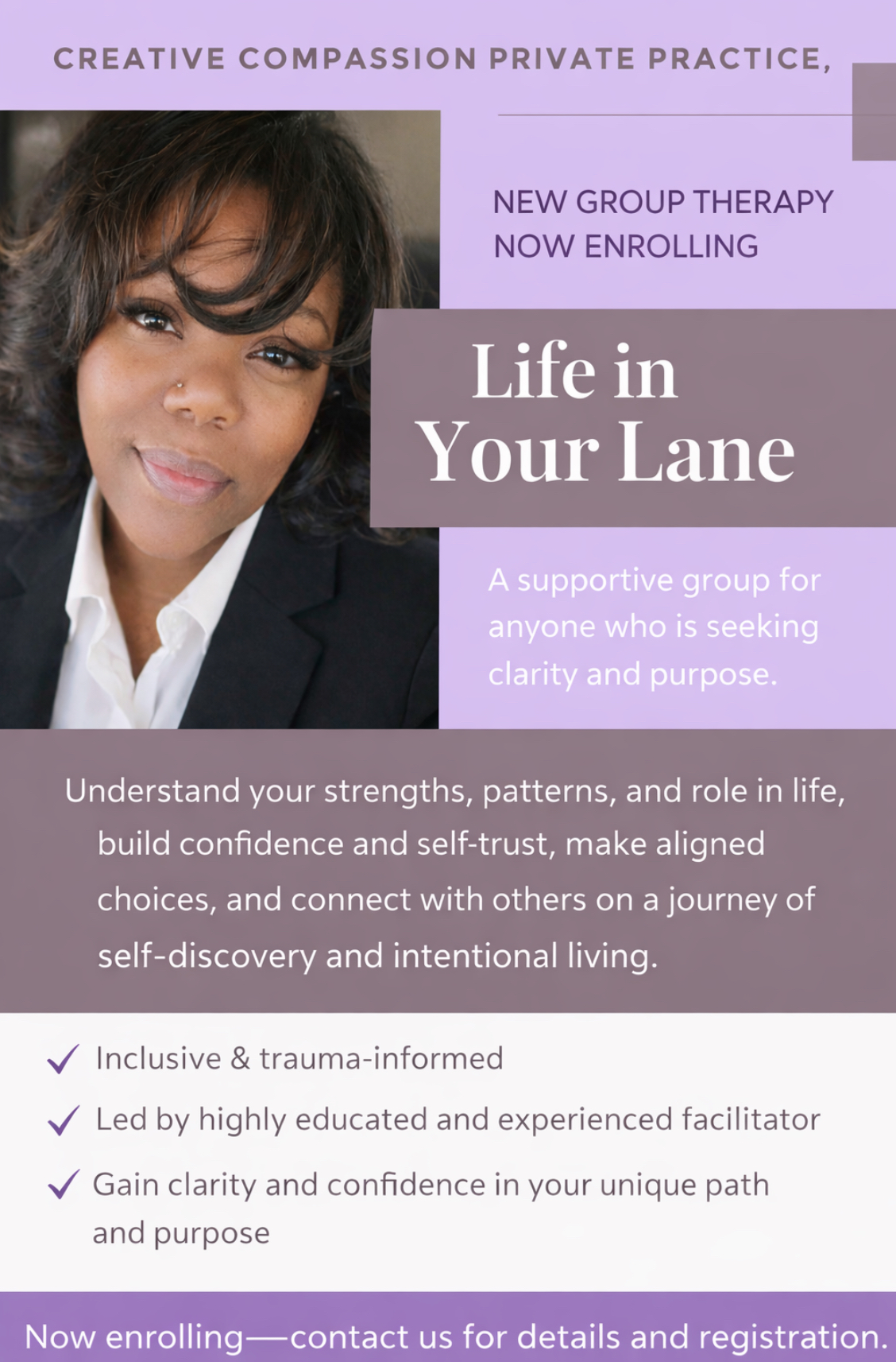 Life in Your Lane group therapy flyer from Creative Compassion Private Practice
