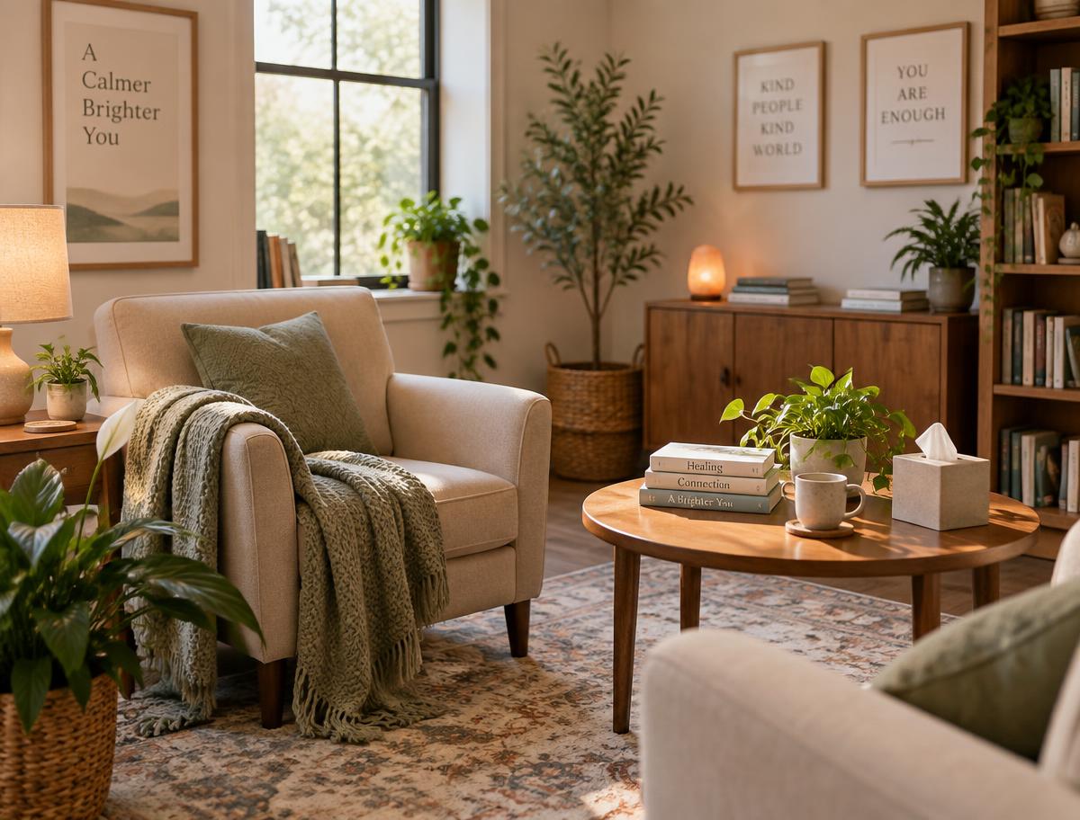 A warm, inviting therapist's office with soft natural light